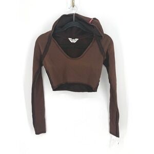 New Hard Tail Forever Y2K Raw Edge Crop Sweatshirt Fleece Hoodie Brown Size XS